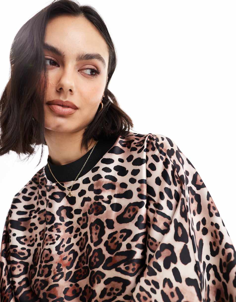 ASOS DESIGN satin oversized mini t-shirt dress in leopard print