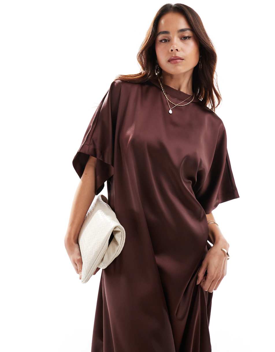 ASOS DESIGN satin midi T-shirt dress in chocolate