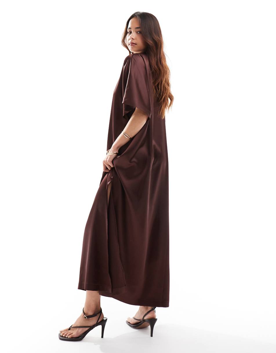 ASOS DESIGN satin midi T-shirt dress in chocolate