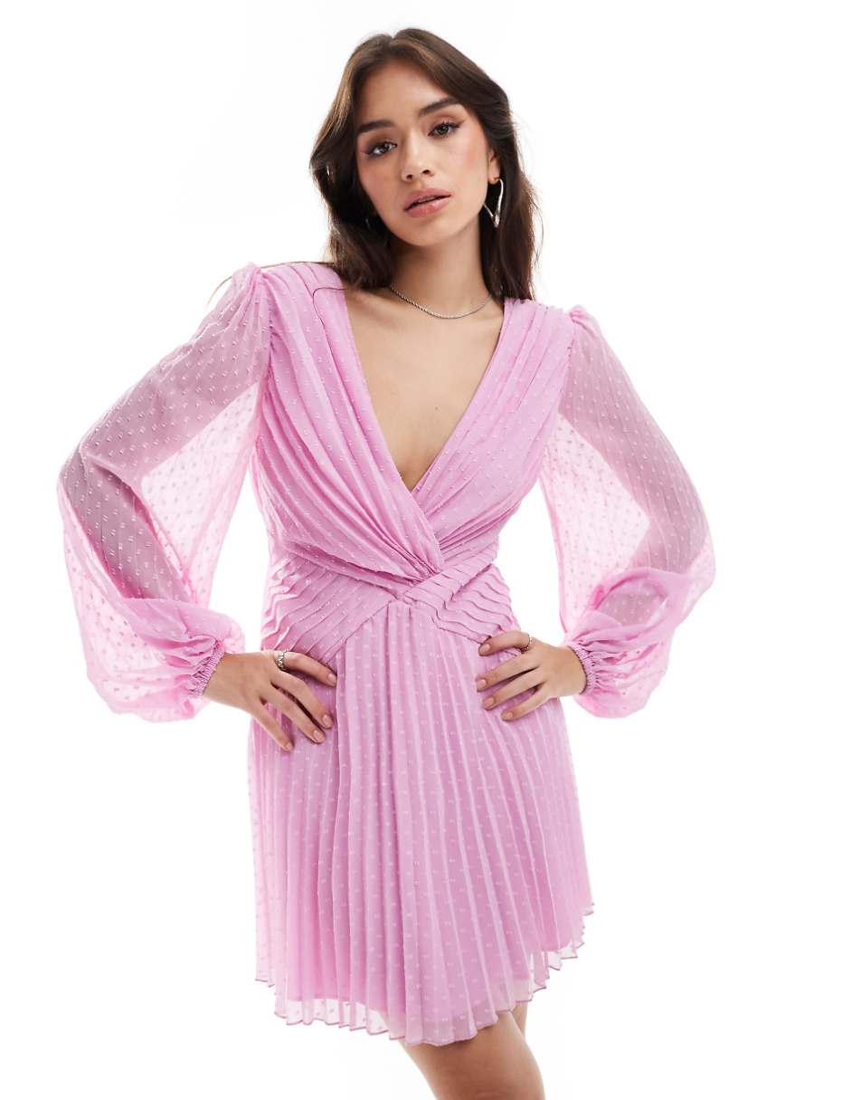 ASOS DESIGN textured angel sleeve deep plunge wrap pleated mini dress in lilac