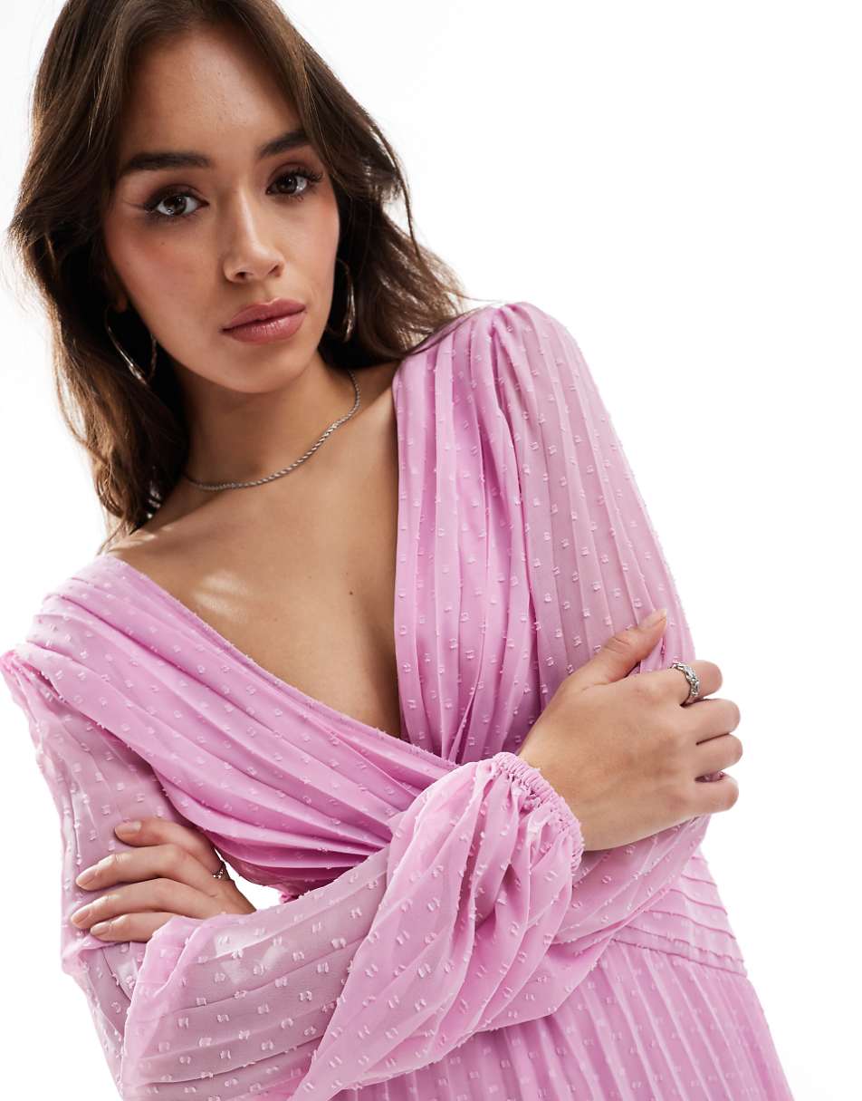 ASOS DESIGN textured angel sleeve deep plunge wrap pleated mini dress in lilac