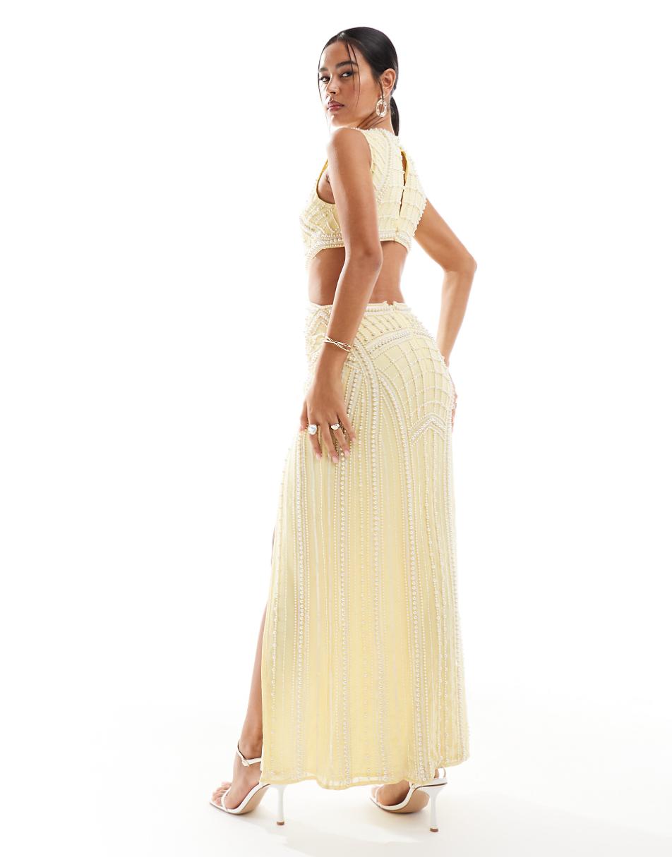 ASOS DESIGN pearl embellished maxi dress with double front slits in lemon