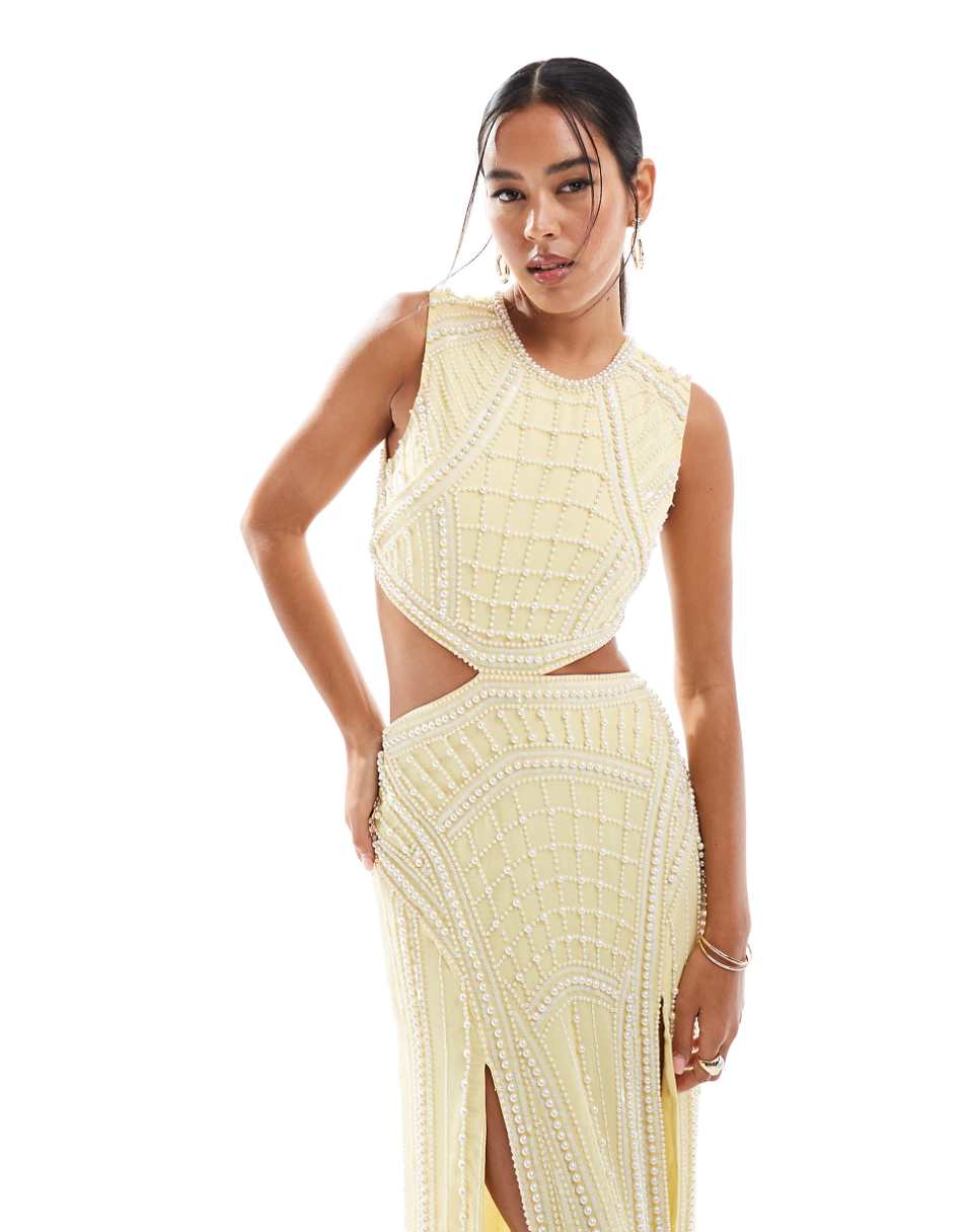 ASOS DESIGN pearl embellished maxi dress with double front slits in lemon