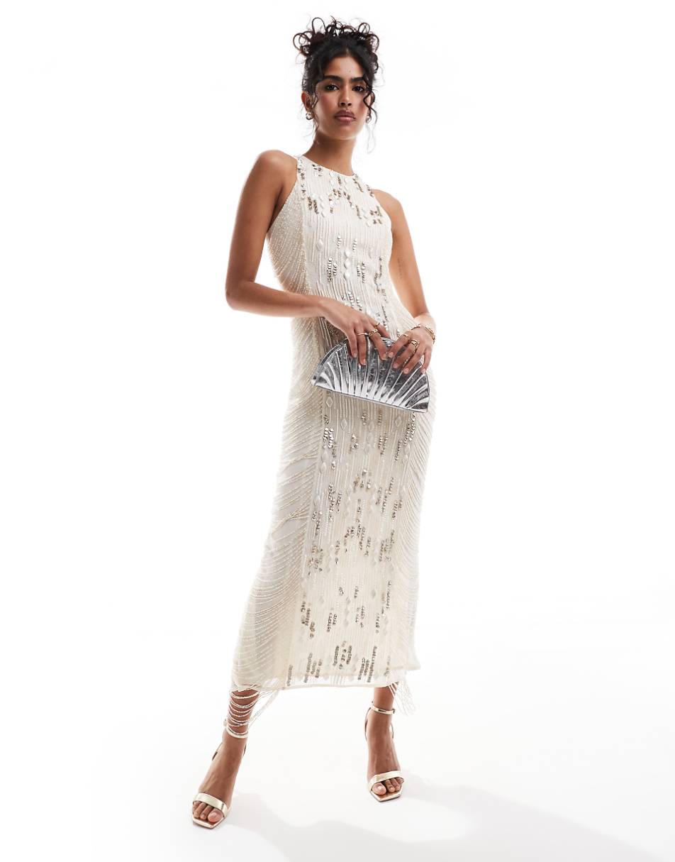 ASOS DESIGN racer neck embellished midi dress with fringing in stone