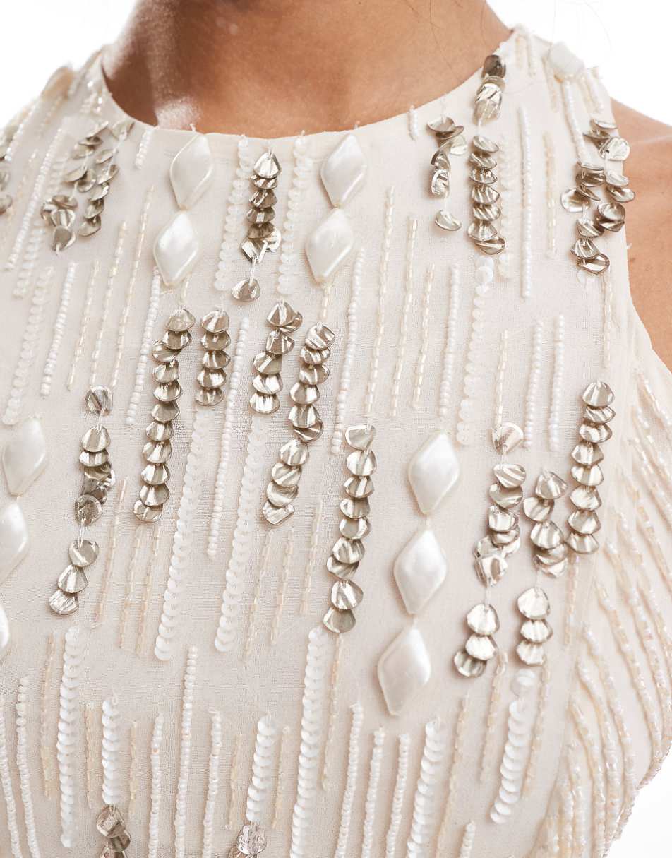 ASOS DESIGN racer neck embellished midi dress with fringing in stone
