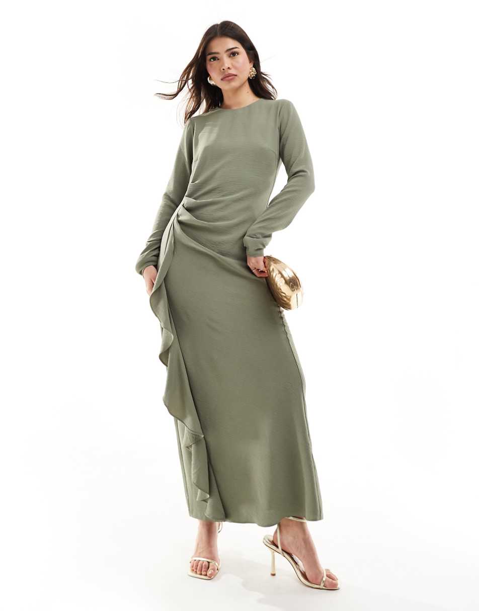 ASOS DESIGN ruched waist asymmetric hem maxi dress in sage green