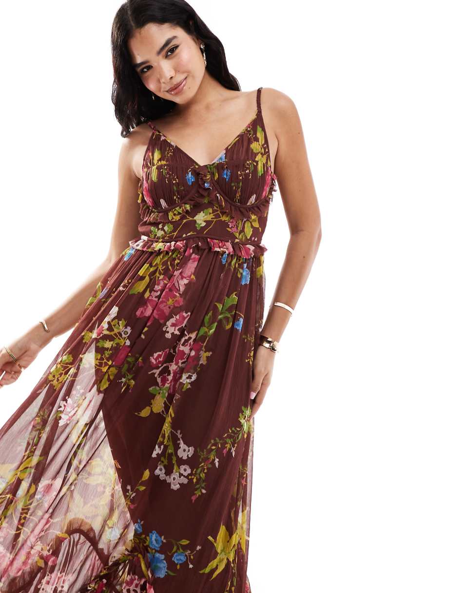 ASOS DESIGN shirred bust v neck ruffle midi dress in dark based floral print