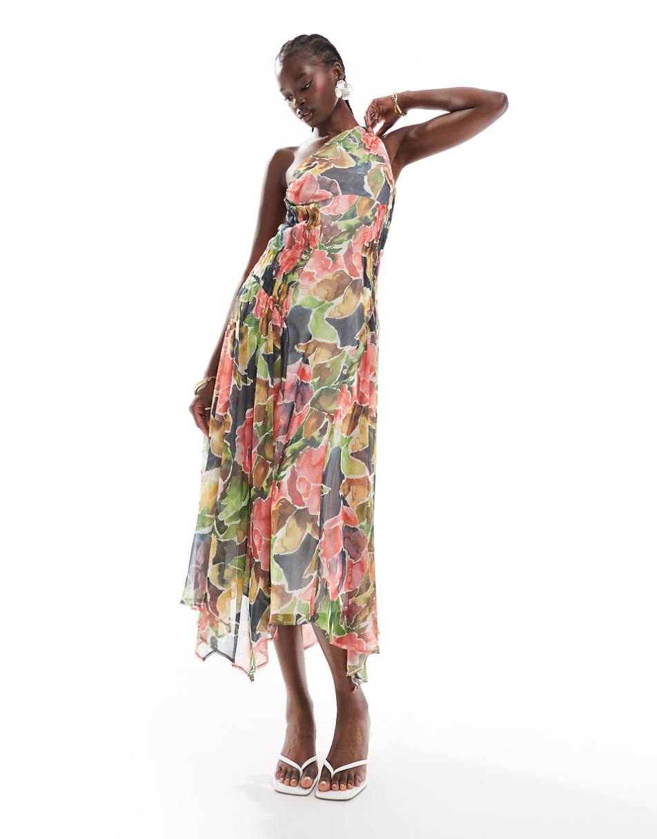 ASOS DESIGN one shoulder ruched side panel midi dress in floral print