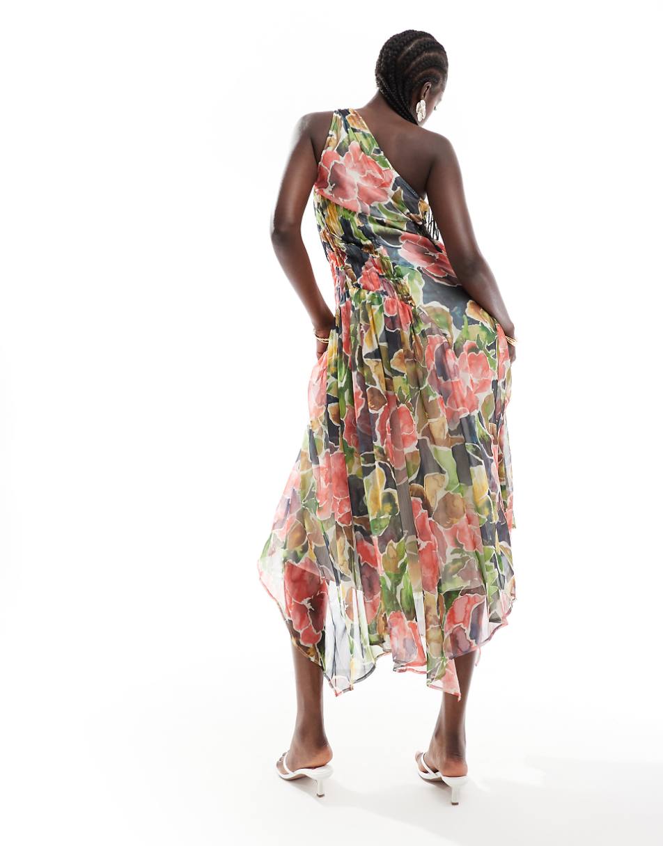 ASOS DESIGN one shoulder ruched side panel midi dress in floral print