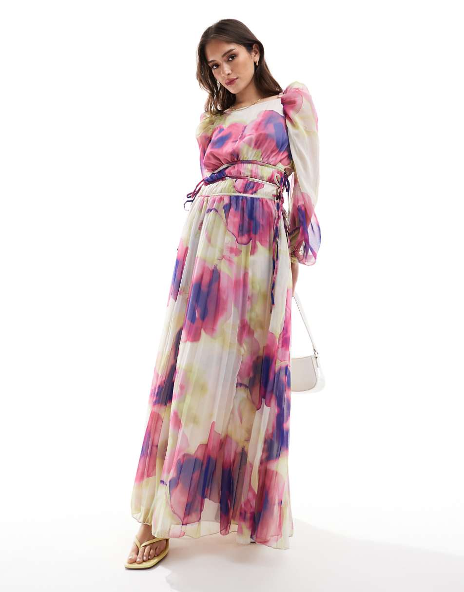 ASOS DESIGN pleated drawstring bodice maxi dress in blurred floral print
