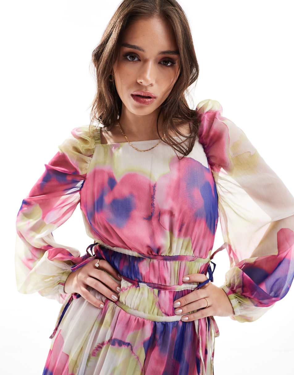 ASOS DESIGN pleated drawstring bodice maxi dress in blurred floral print