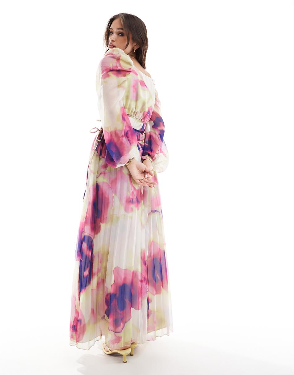 ASOS DESIGN pleated drawstring bodice maxi dress in blurred floral print