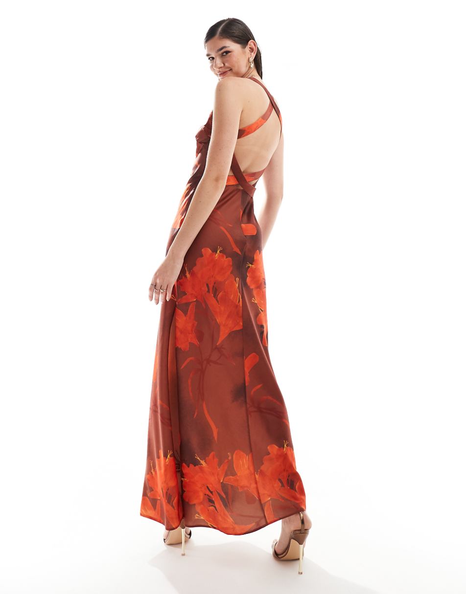 ASOS DESIGN satin wide neck cross back strap maxi dress in rust floral print