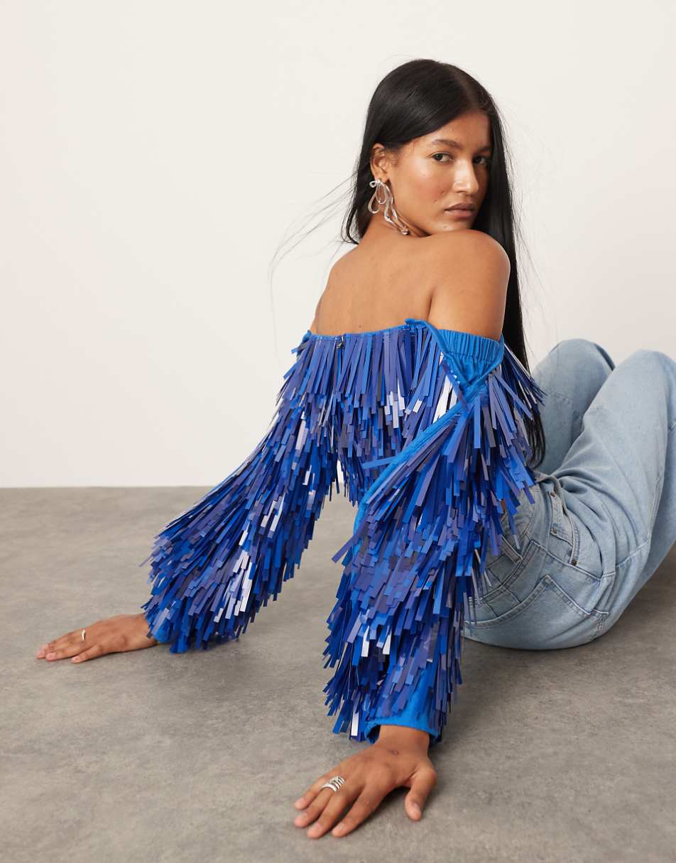 ASOS EDITION embellished shard sequin top with oversized sleeves in blue