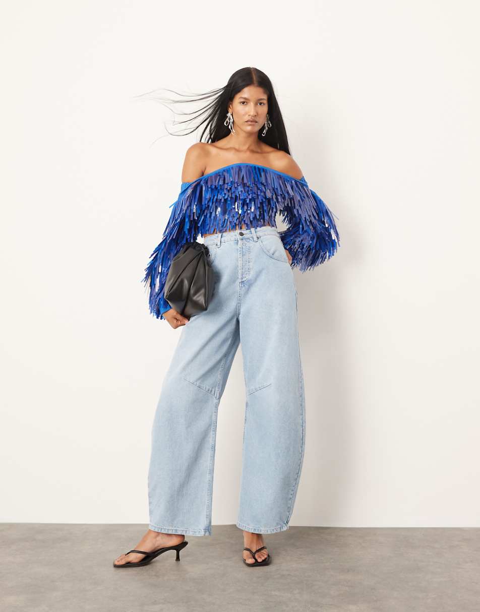 ASOS EDITION embellished shard sequin top with oversized sleeves in blue