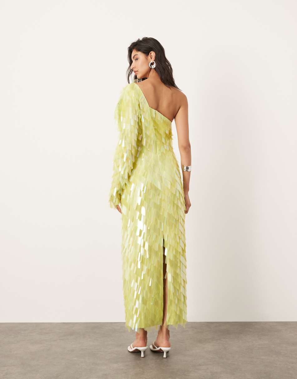 ASOS EDITION allover embellished one shoulder midi dress in lime