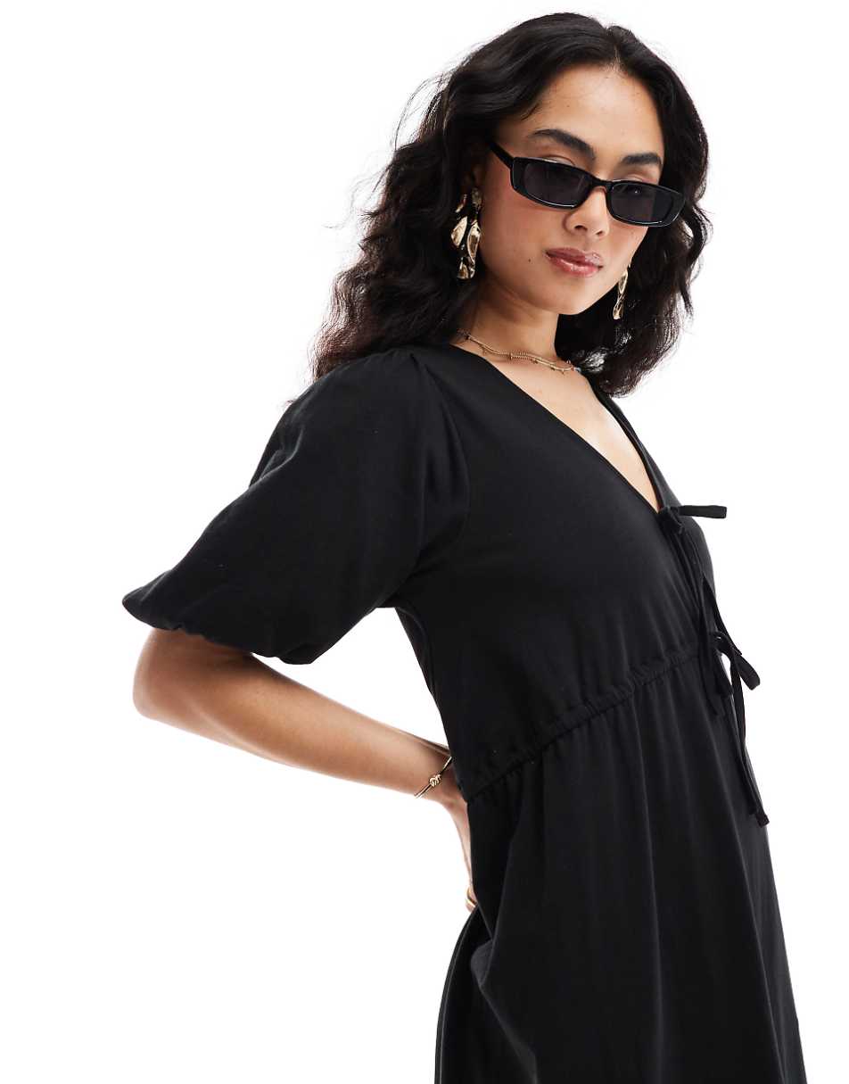 ASOS DESIGN puff sleeve mini dress with tie up bodice in black