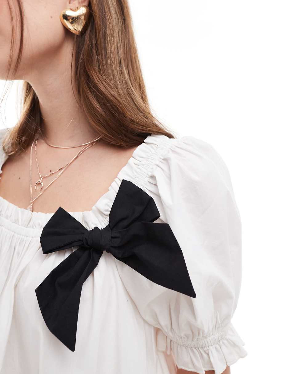 Miss Selfridge poplin contrast bow detail mini smock dress in white