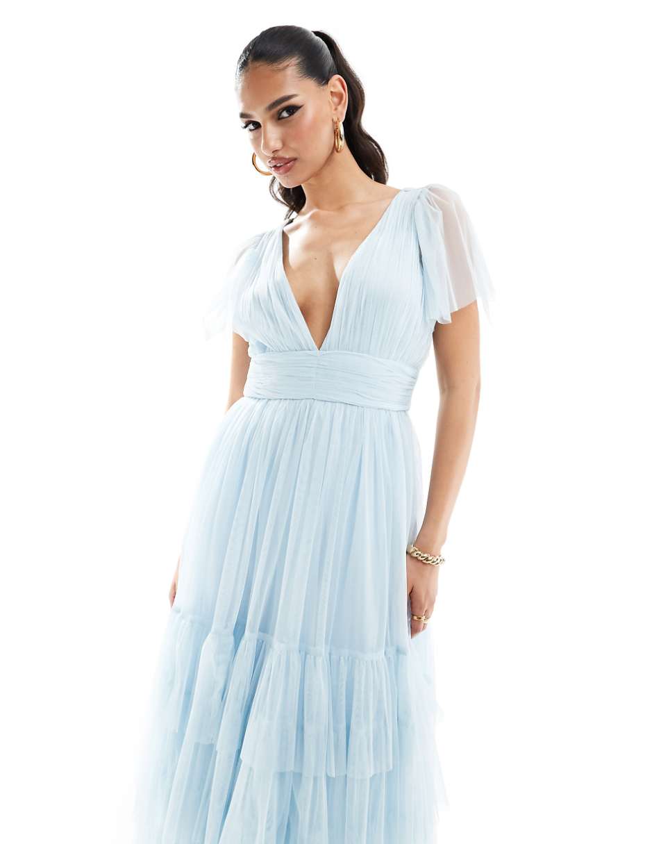 Lace & Beads Bridesmaid Madison V-neck tulle midi dress in sky blue