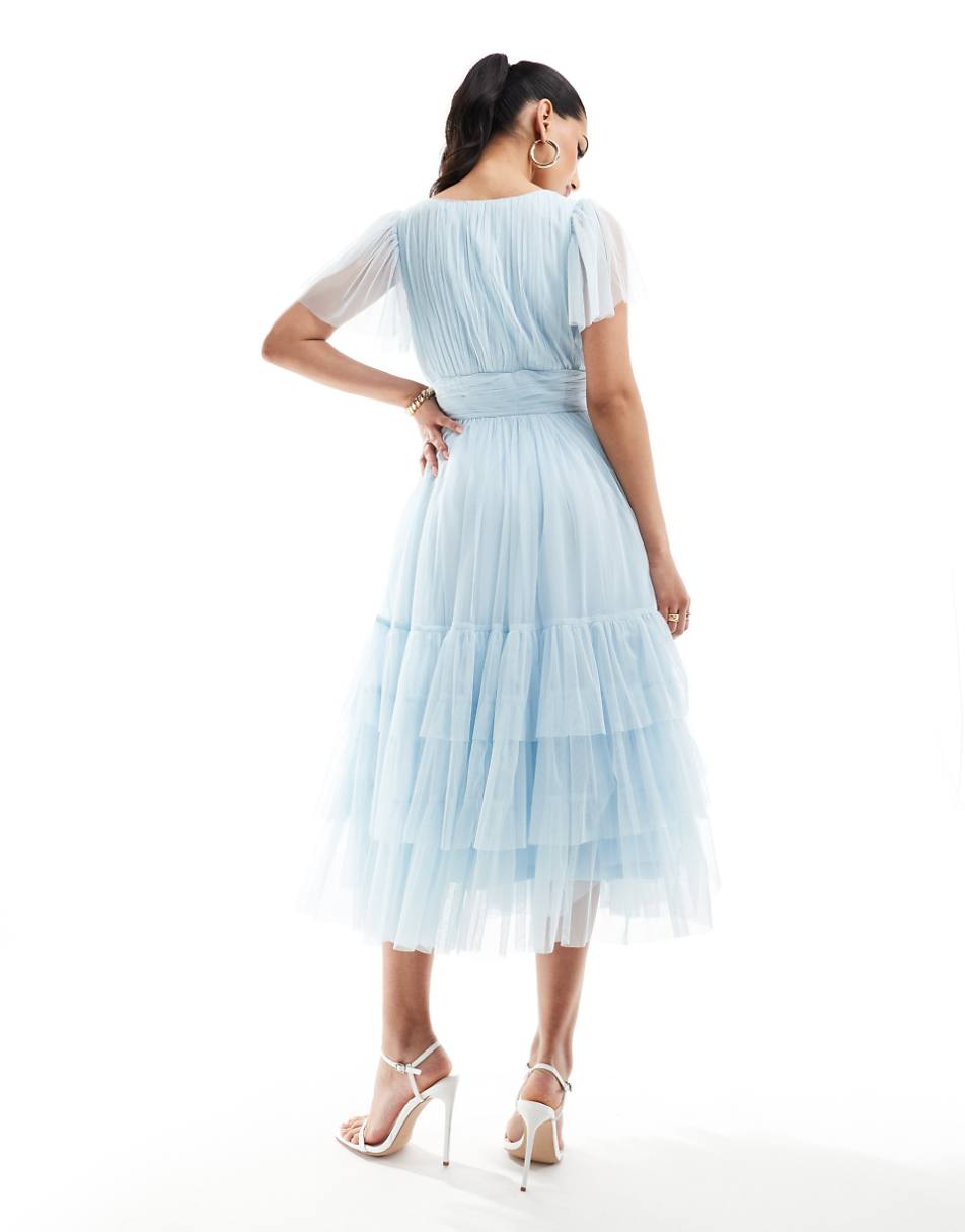 Lace & Beads Bridesmaid Madison V-neck tulle midi dress in sky blue