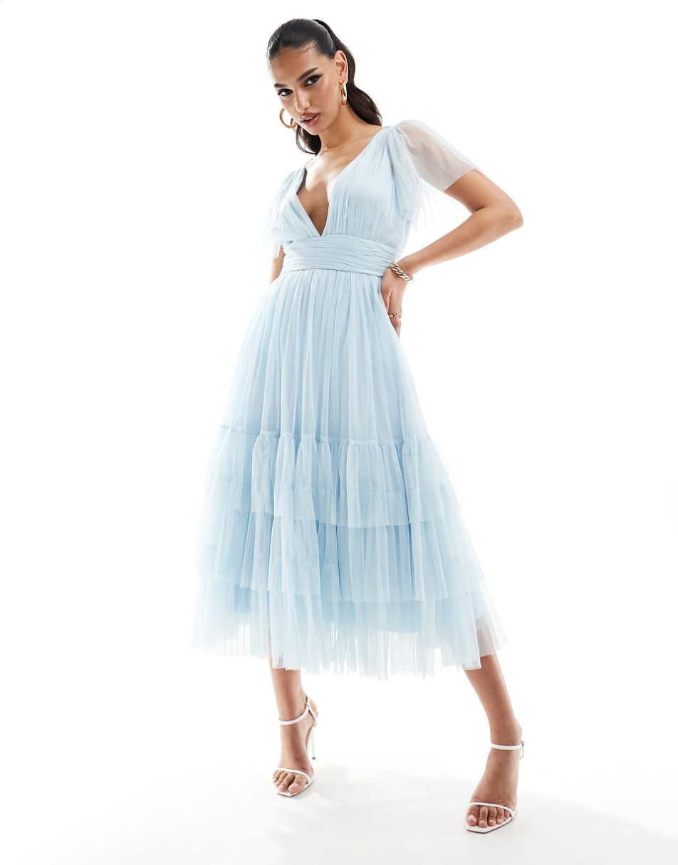 Lace & Beads Bridesmaid Madison V-neck tulle midi dress in sky blue