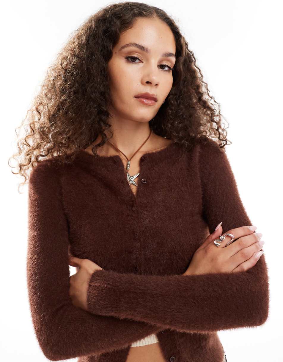 Daisy Street fluffy knit micro cardigan in chocolate