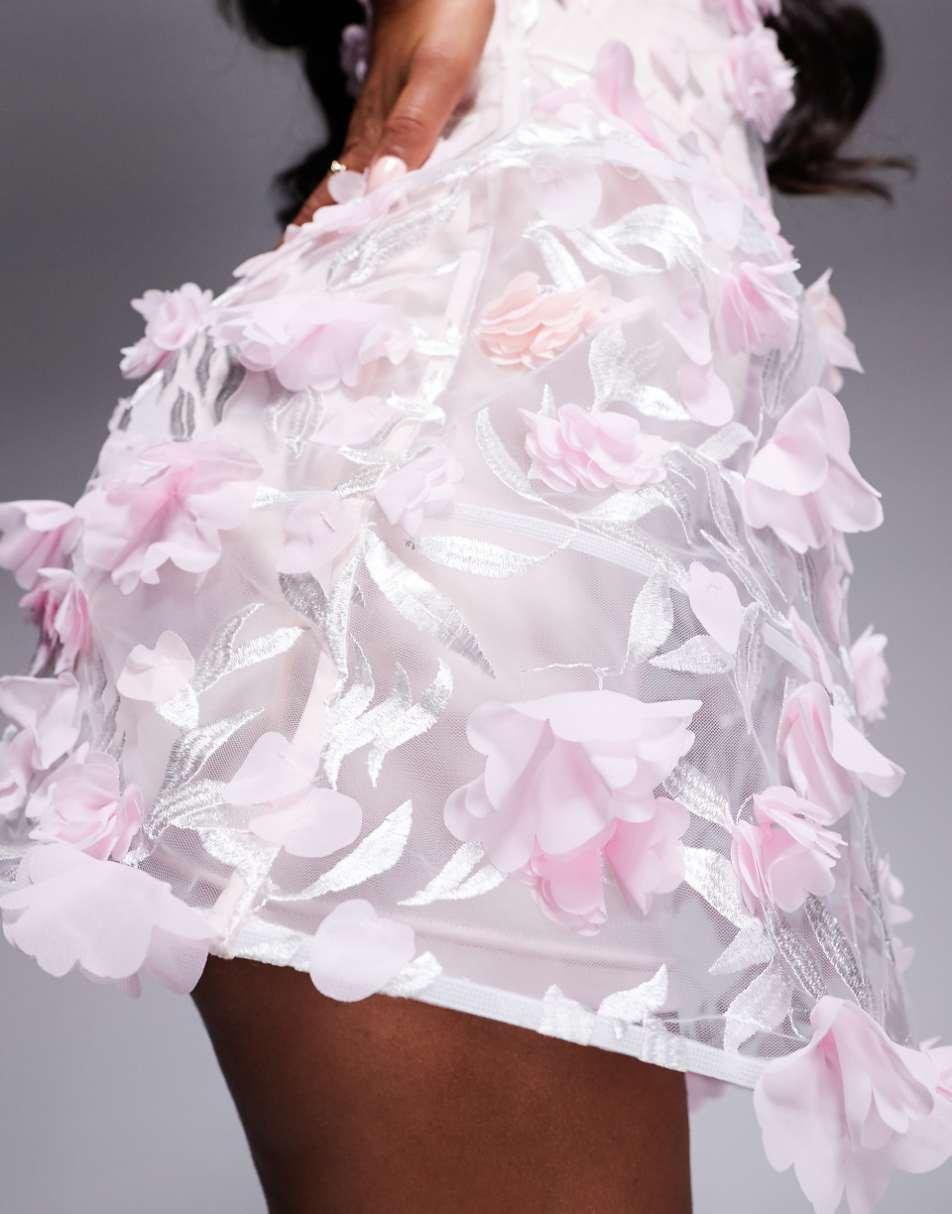 ASOS LUXE 3D floral square neck caged mini dress in pastel pink