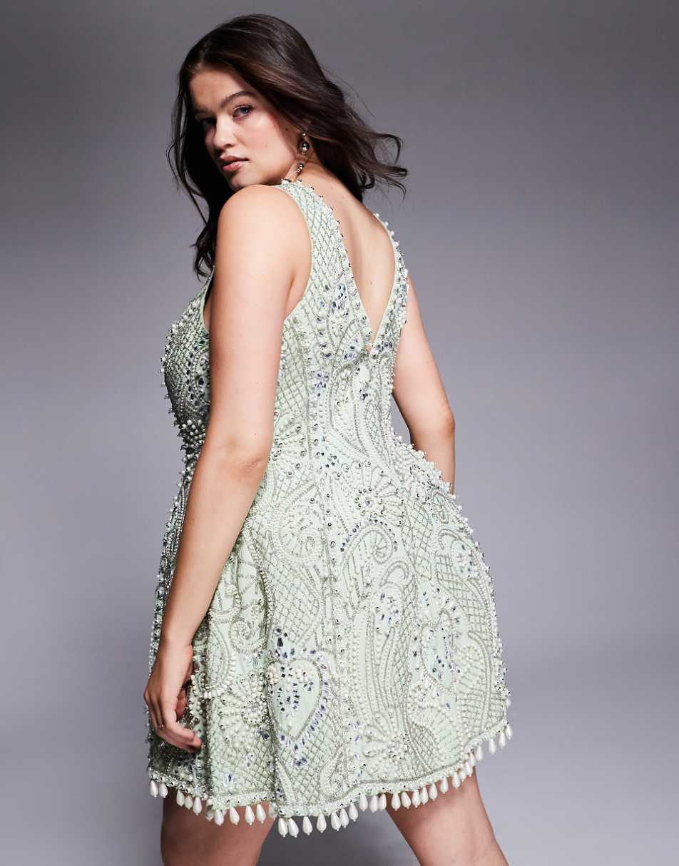 ASOS LUXE Curve embellished cotton sweetheart caged mini dress in sage green