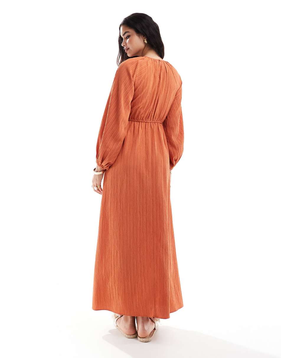 ASOS DESIGN raglan sleeve belt detail crinkle maxi dress in rust