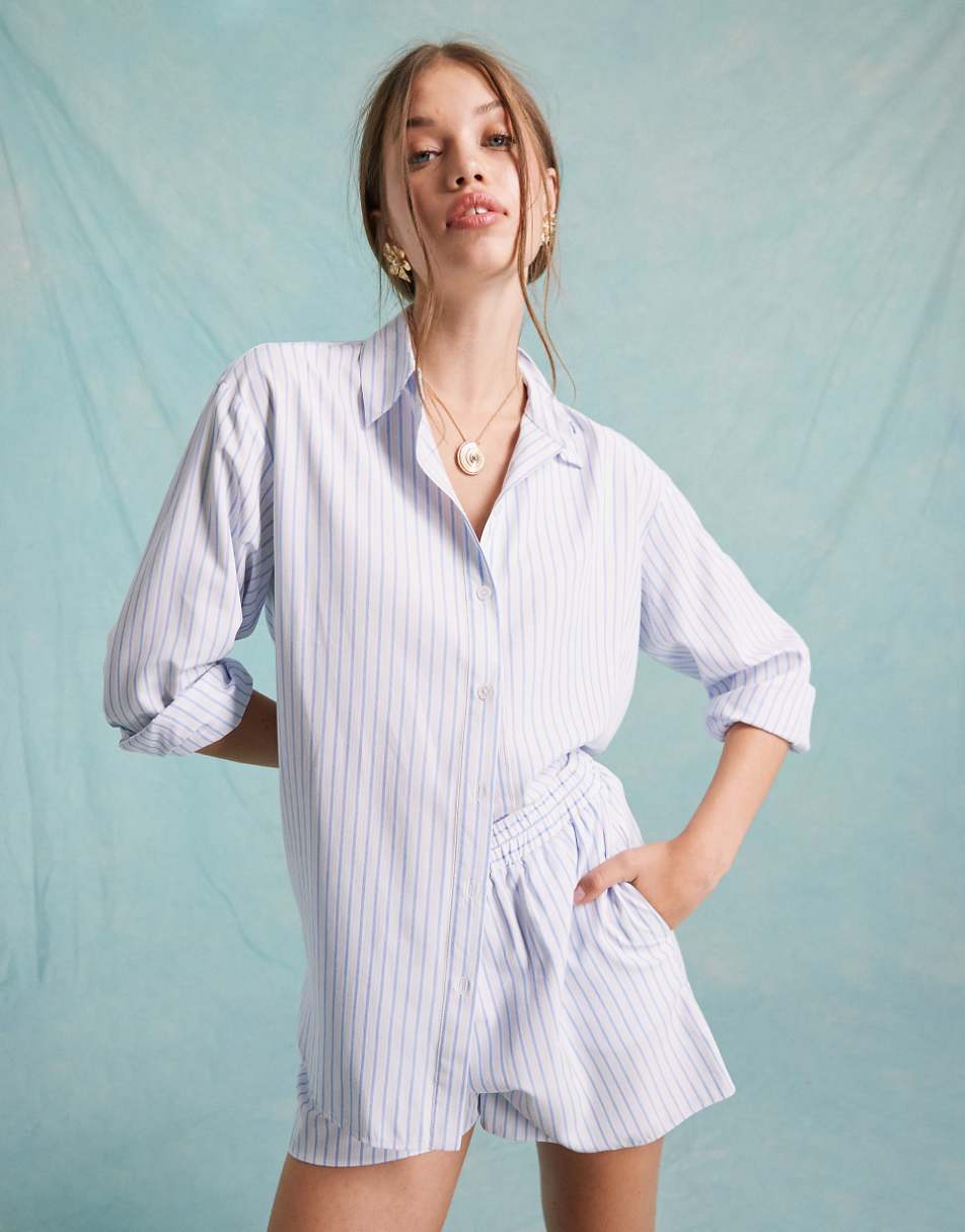 Miss Selfridge poplin oversized shirt in white and blue stripe - part of a set