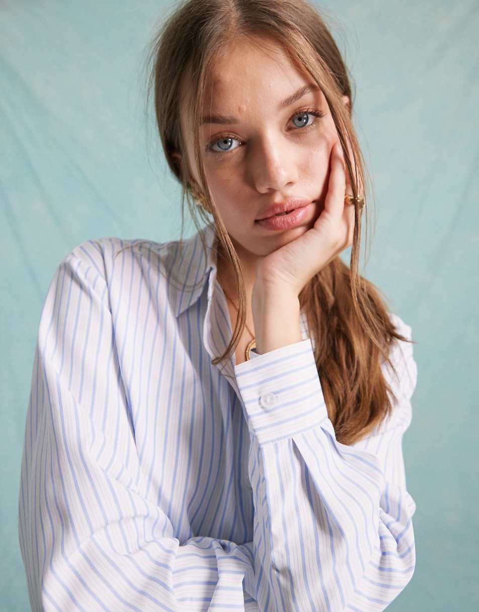 Miss Selfridge poplin oversized shirt in white and blue stripe - part of a set
