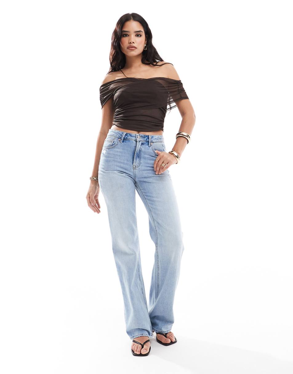 Miss Selfridge ruched off shoulder top in chocolate