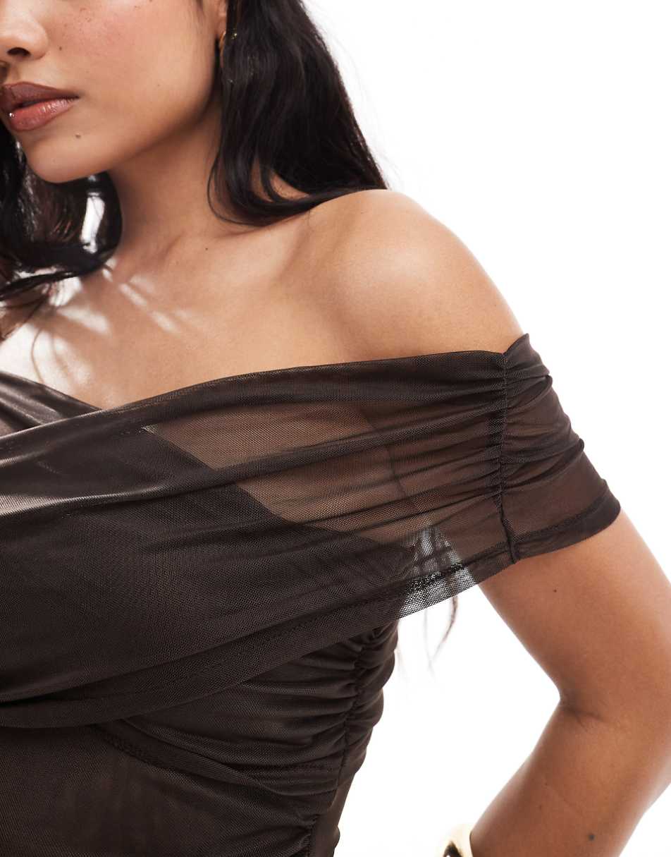 Miss Selfridge ruched off shoulder top in chocolate