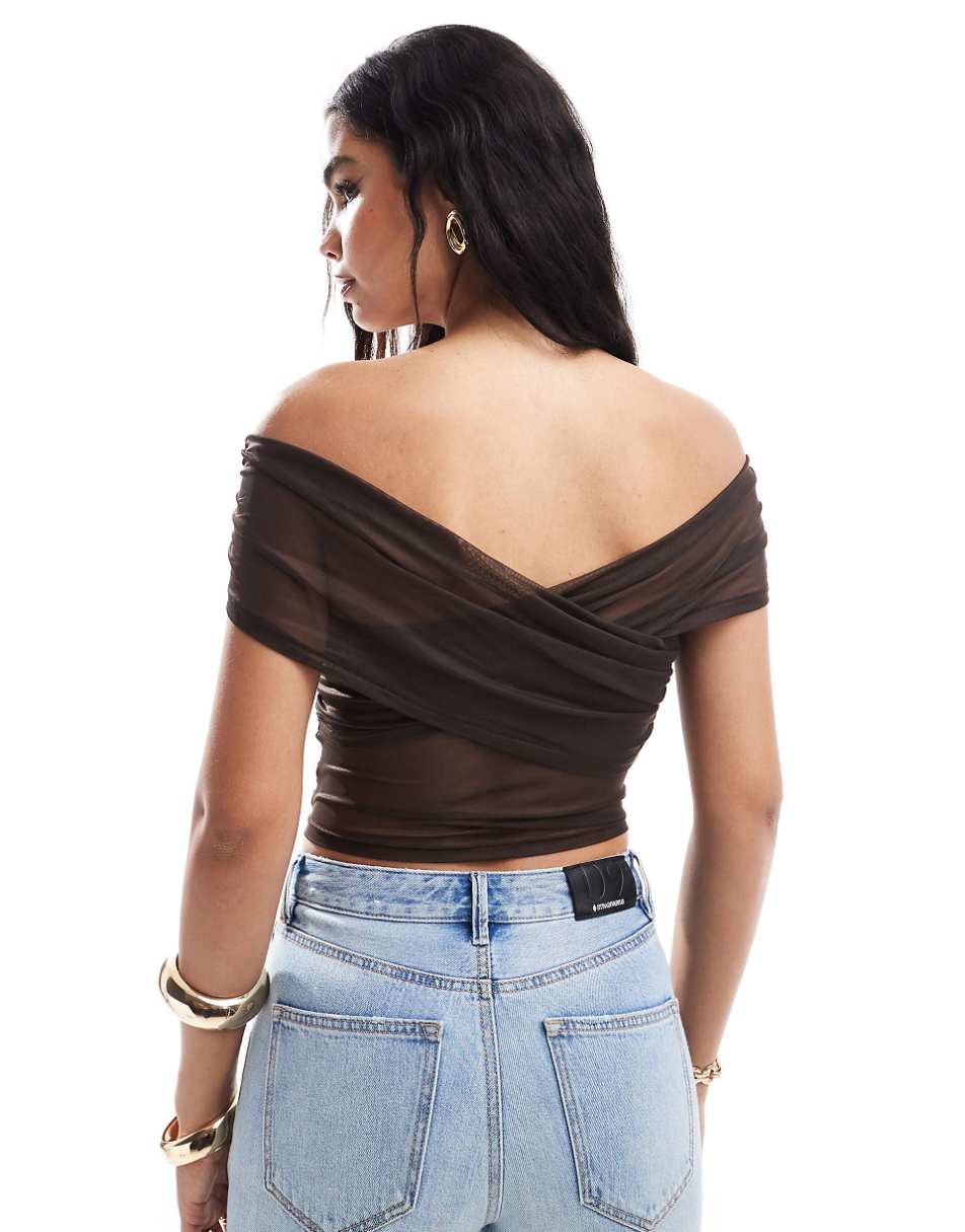 Miss Selfridge ruched off shoulder top in chocolate