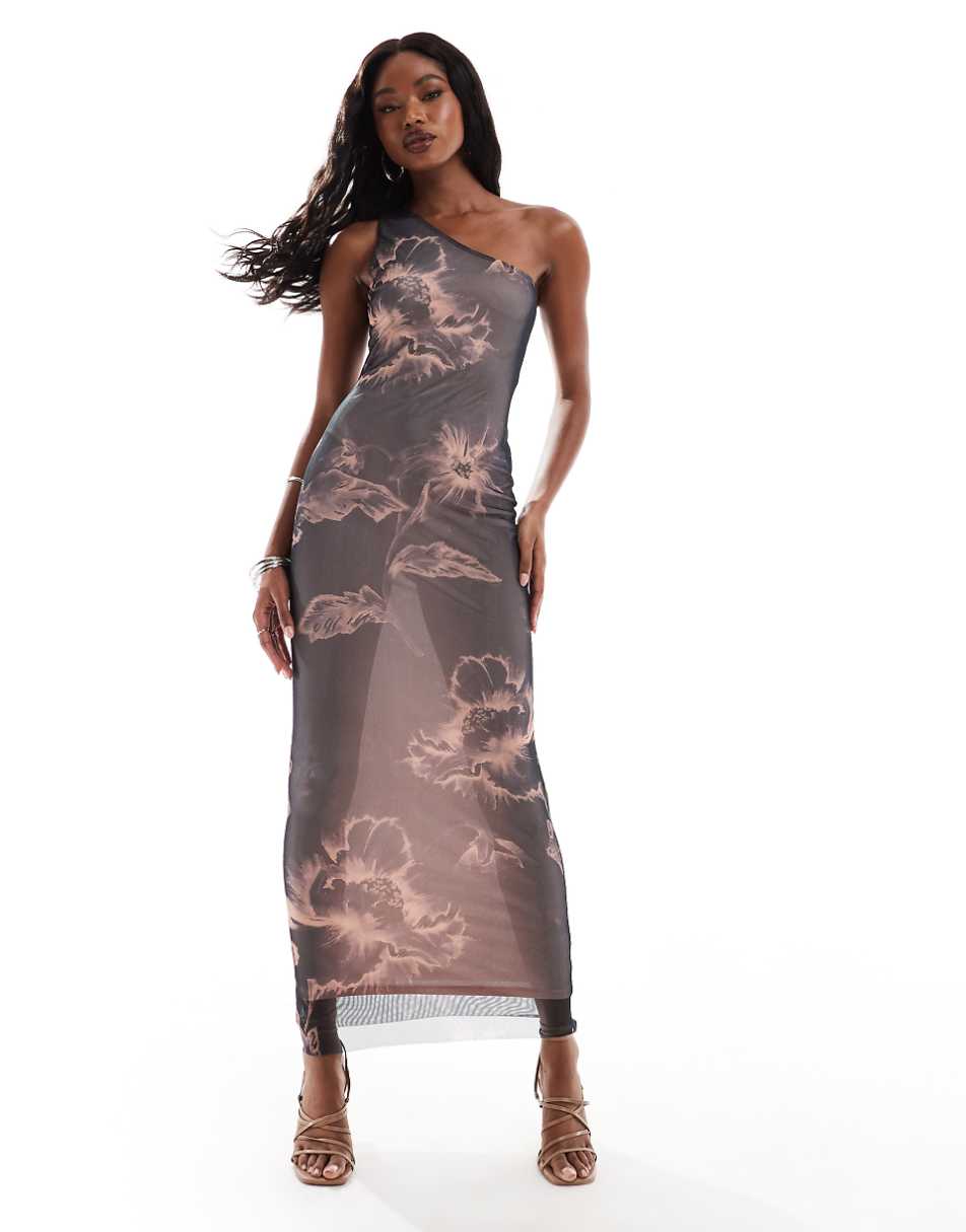 ASOS DESIGN one shoulder mesh maxi dress in dark floral print