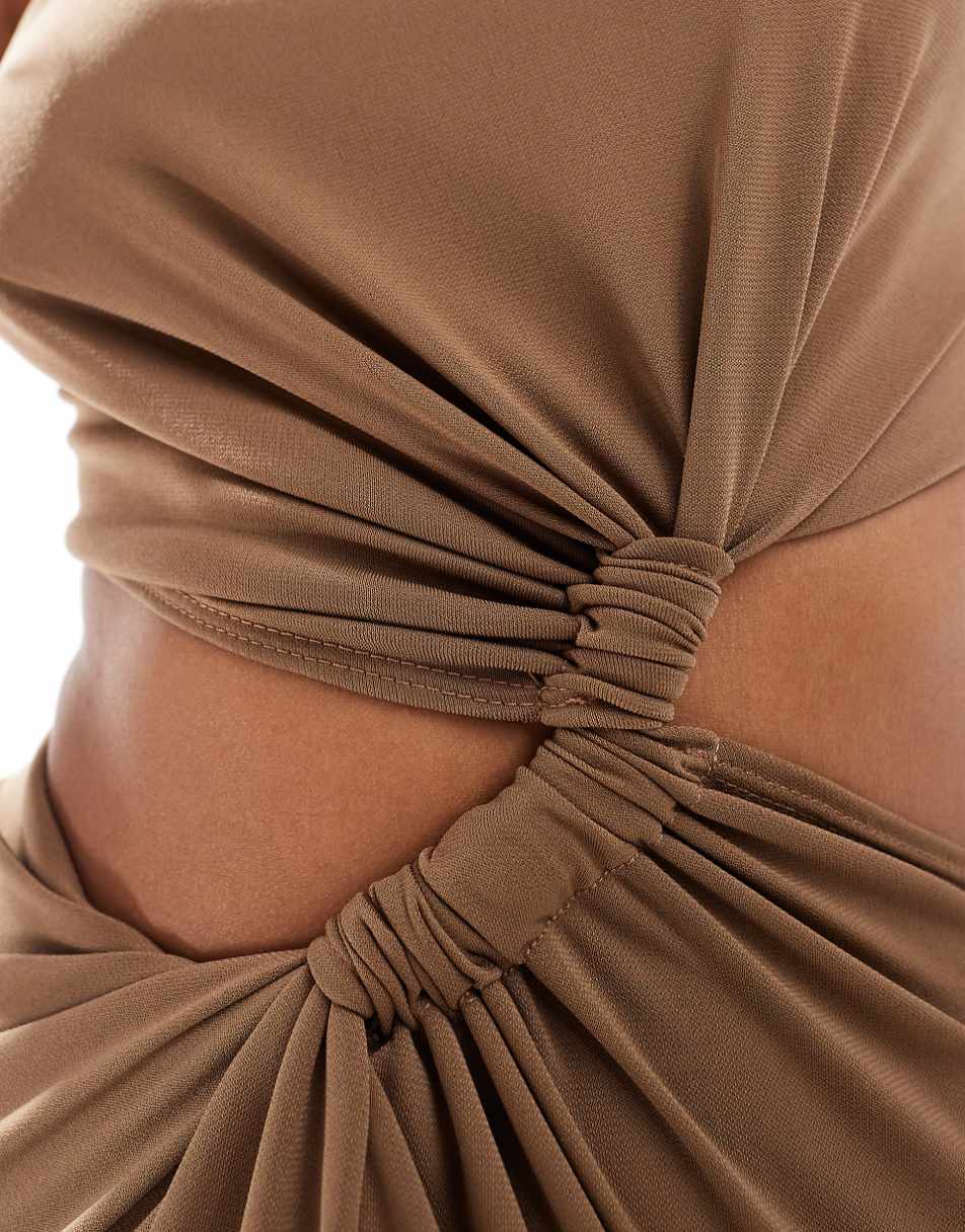 ASOS DESIGN slinky knot detail cut out midi dress in mocha