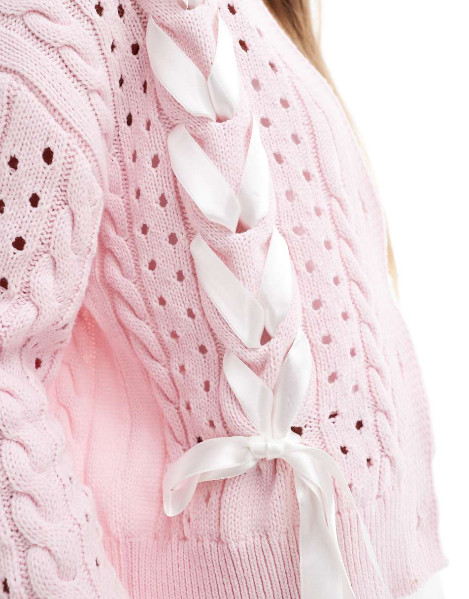 Miss Selfridge knit cardigan with satin bows in soft pink