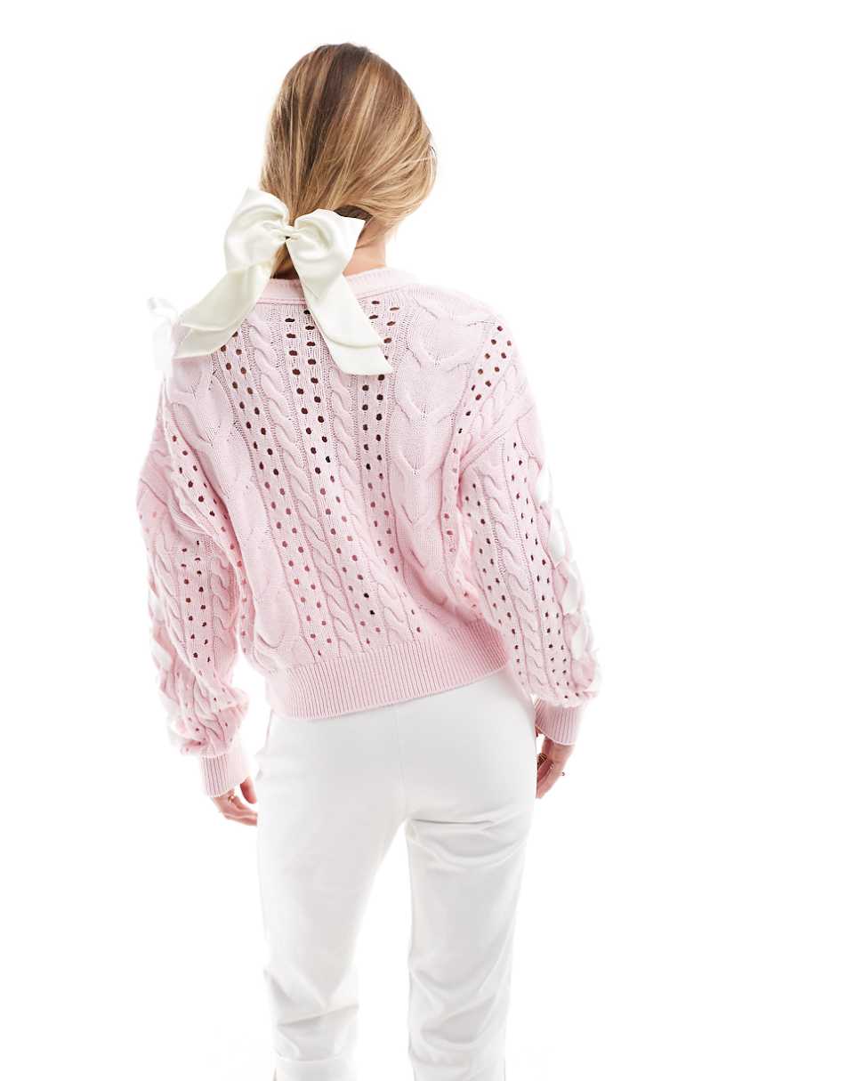 Miss Selfridge knit cardigan with satin bows in soft pink
