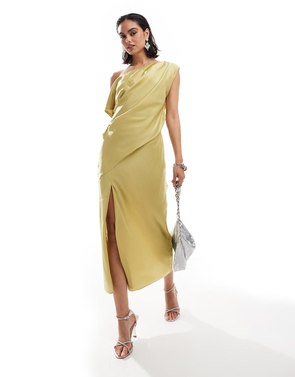 ASOS DESIGN satin off shoulder draped midi dress with split in lime