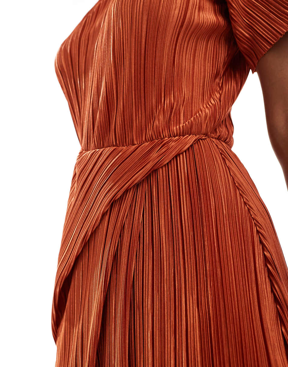 ASOS DESIGN plisse short sleeve twist skirt midi dress in rust
