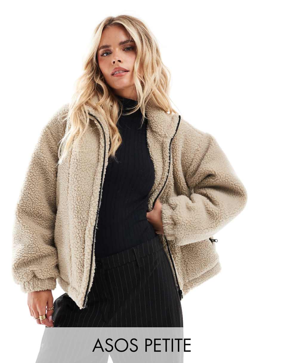 ASOS DESIGN Petite borg oversized funnel neck jacket in stone