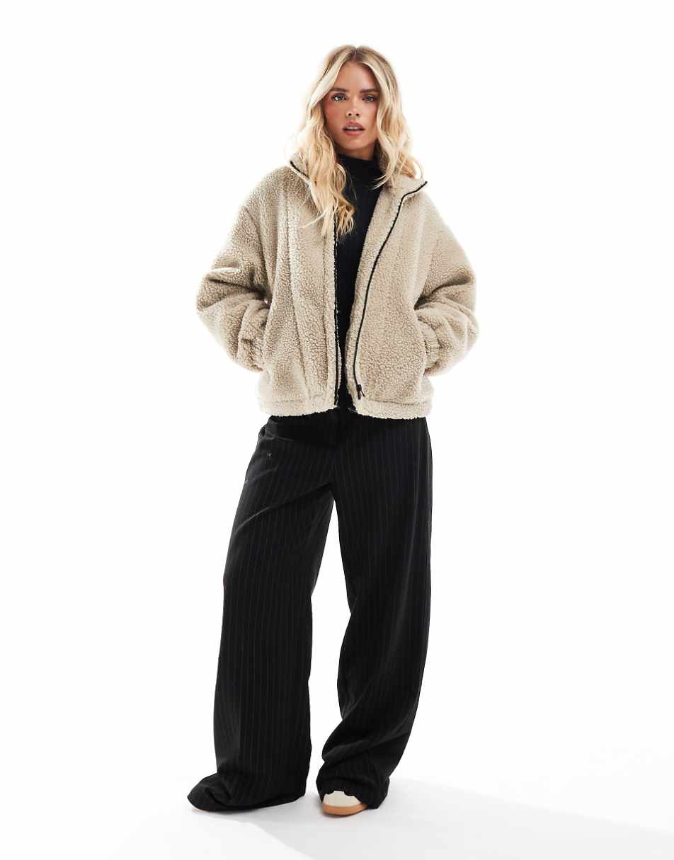 ASOS DESIGN Petite borg oversized funnel neck jacket in stone