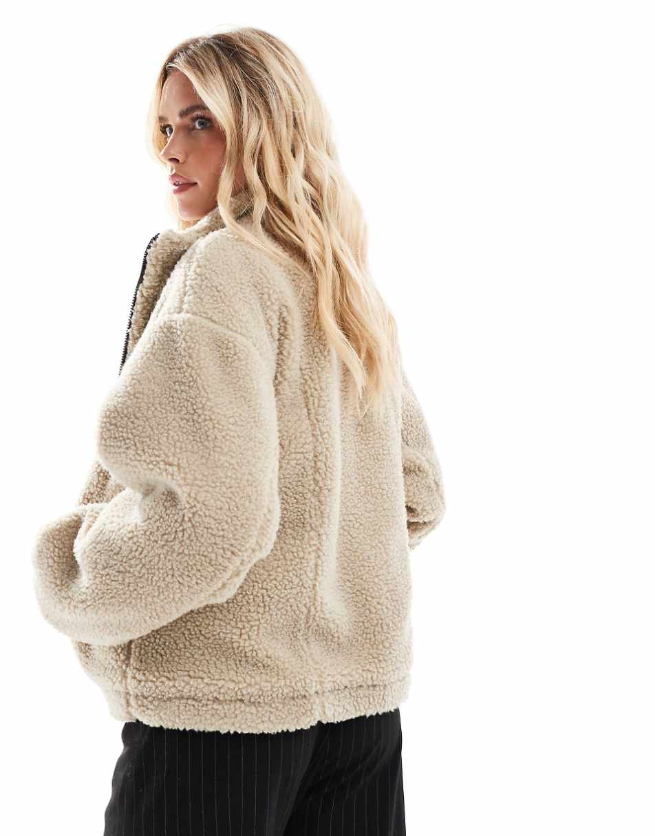 ASOS DESIGN Petite borg oversized funnel neck jacket in stone