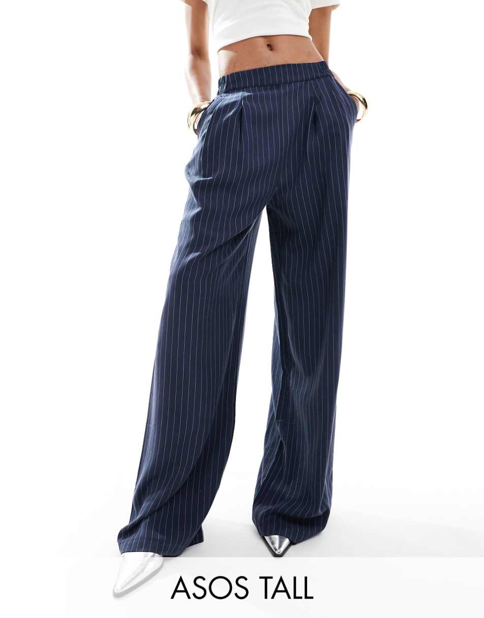 ASOS DESIGN Tall wide leg pull on pants in navy stripe