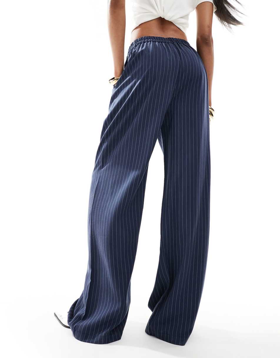 ASOS DESIGN Tall wide leg pull on pants in navy stripe