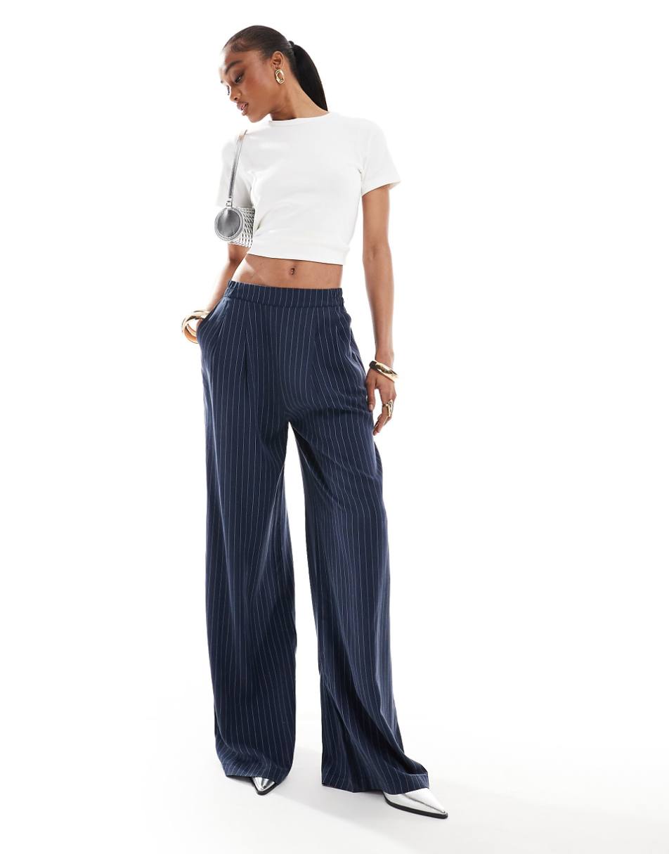ASOS DESIGN Tall wide leg pull on pants in navy stripe