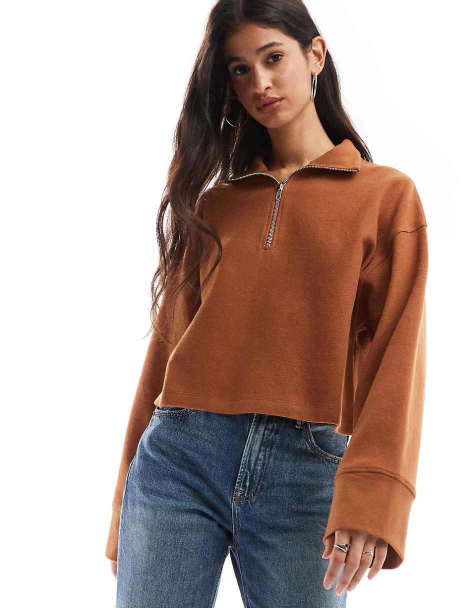 ASOS DESIGN super soft long sleeve boxy crop half zip sweater in tan
