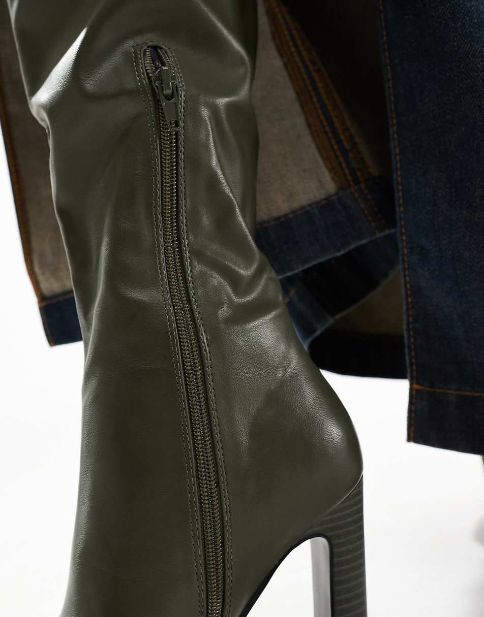 Public Desire Acquilla heeled knee boots with square toe in olive PU