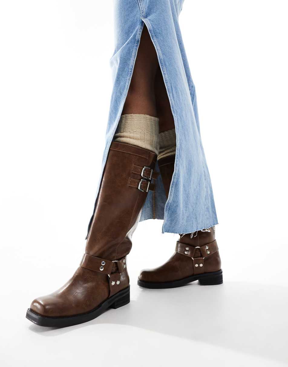 Public Desire Sirus flat harness knee boots in tan