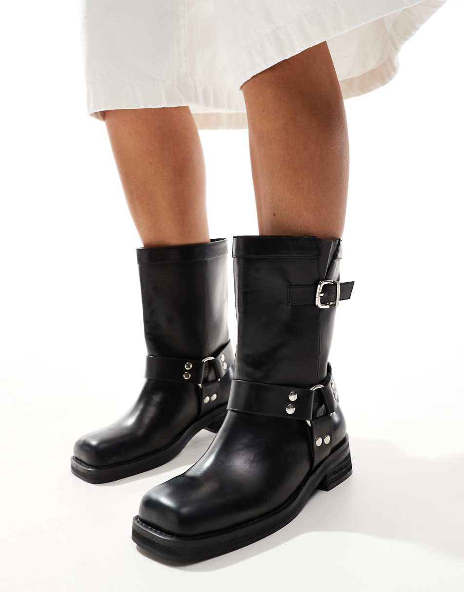 Public Desire Stallion Wide Fit square toe flat ankle boots with harness in black